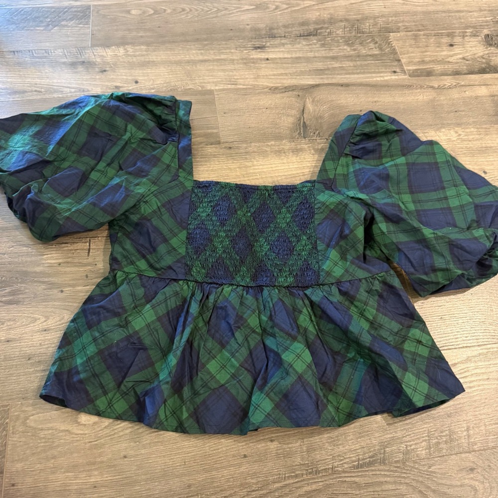 Old Navy Green Navy Plaid Puff Sleeve Peplum Top Sweetheart Neck Smocked Large - Picture 2 of 10